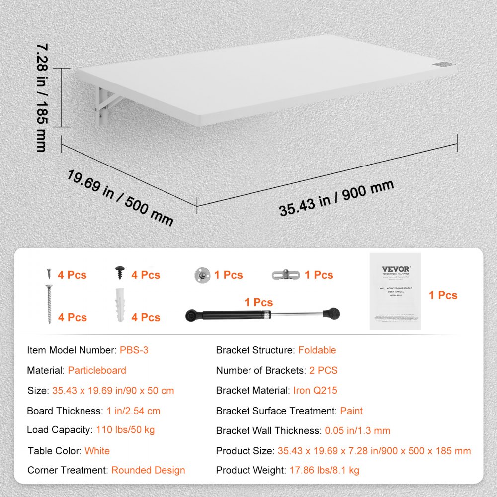 VEVOR Wall Mounted Folding Table, 900 x 500 mm Wall Mount Drop Leaf Table, Floating Desk with Iron Bracket, Fold Down Desk for Small Spaces, Home Office, Dining, Laundry Room, Kitchen, Bar, White