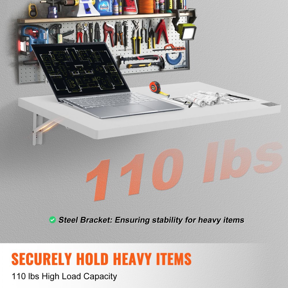 VEVOR Wall Mounted Folding Table, 800 x 400 mm Wall Mount Drop Leaf Table, Floating Desk with Iron Bracket, Fold Down Desk for Small Spaces, Home Office, Dining, Laundry Room, Kitchen, Bar, White