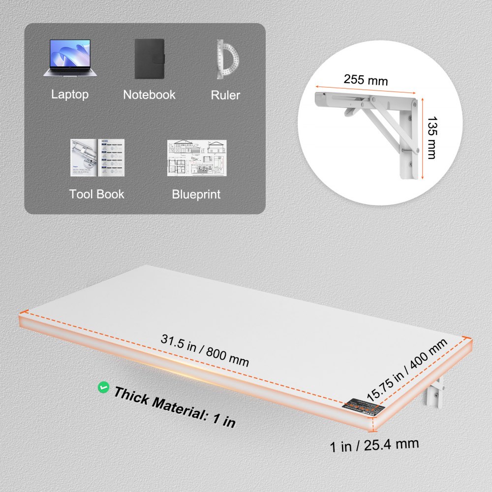 VEVOR Wall Mounted Folding Table, 800 x 400 mm Wall Mount Drop Leaf Table, Floating Desk with Iron Bracket, Fold Down Desk for Small Spaces, Home Office, Dining, Laundry Room, Kitchen, Bar, White
