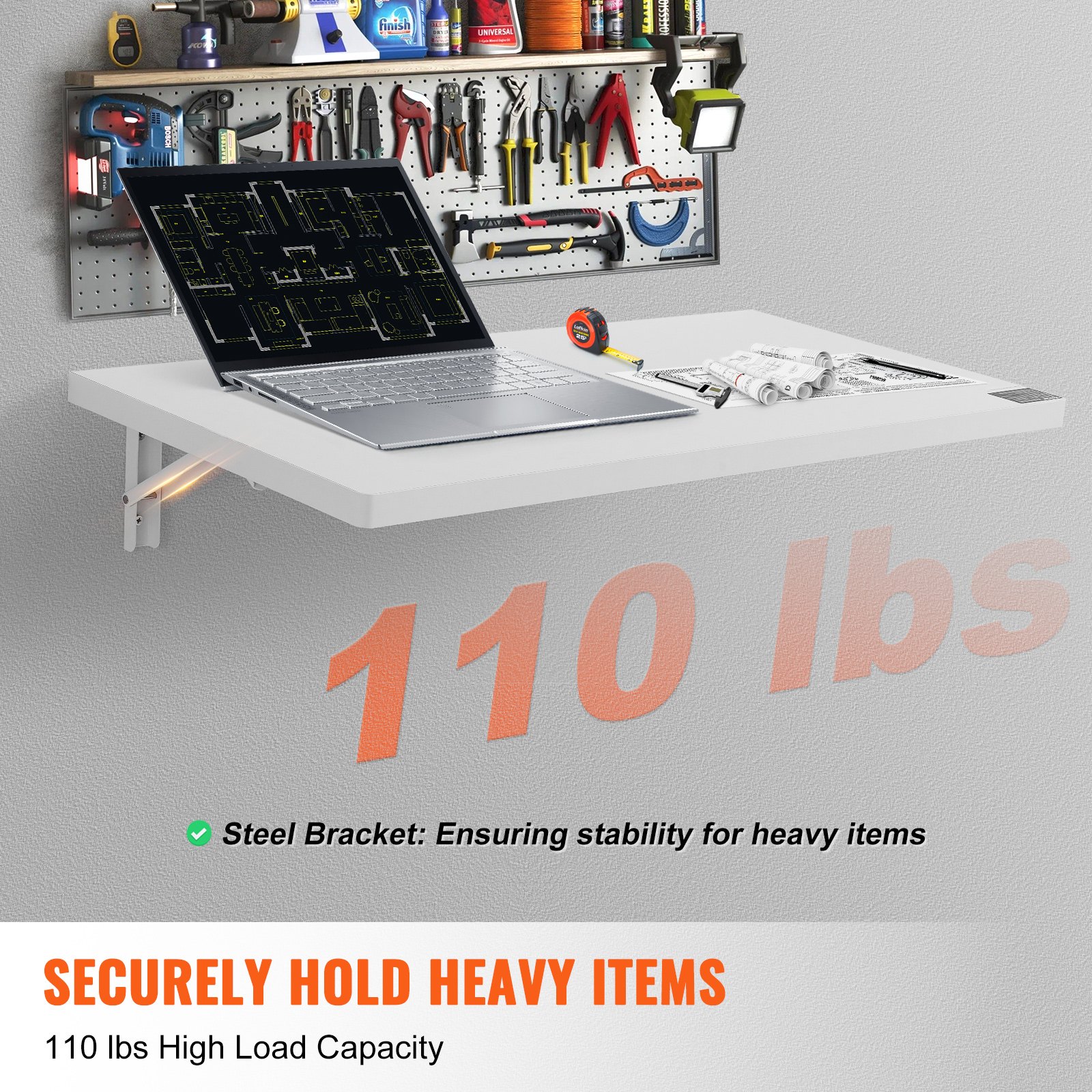 VEVOR Wall Mounted Folding Table, 800 x 400 mm Wall Mount Drop Leaf Table, Floating Desk with Iron Bracket, Fold Down Desk for Small Spaces, Home Office, Dining, Laundry Room, Kitchen, Bar, White