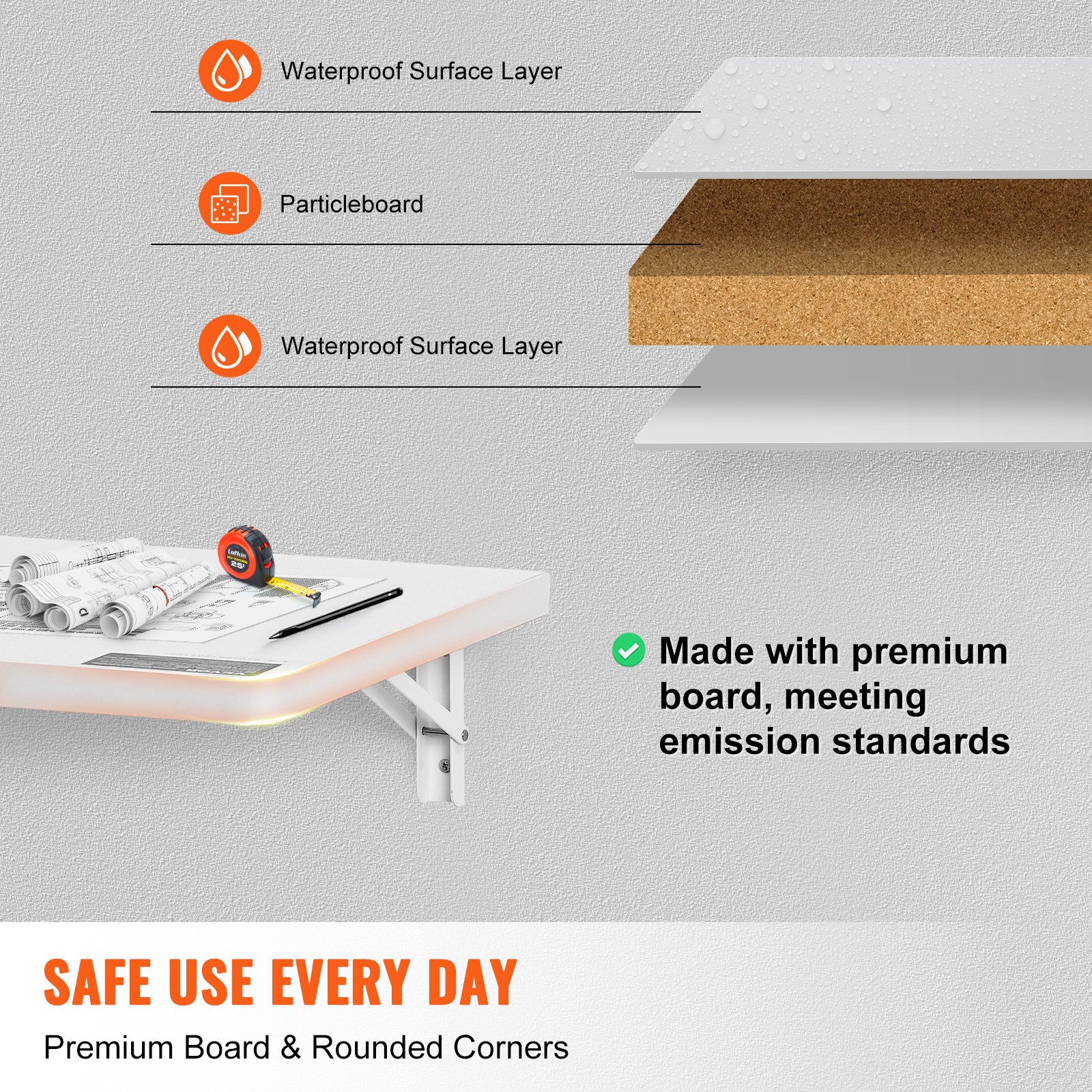 VEVOR Wall Mounted Folding Table, 800 x 400 mm Wall Mount Drop Leaf Table, Floating Desk with Iron Bracket, Fold Down Desk for Small Spaces, Home Office, Dining, Laundry Room, Kitchen, Bar, White