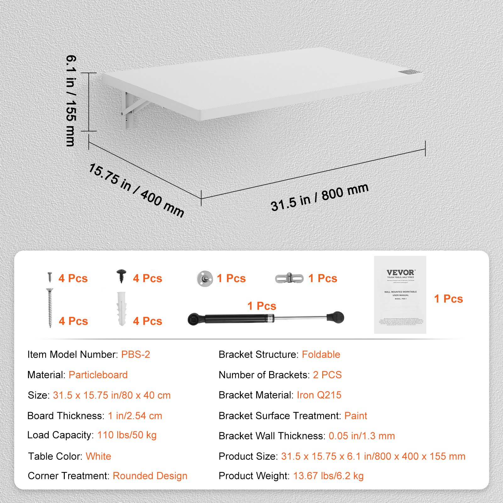 VEVOR Wall Mounted Folding Table, 800 x 400 mm Wall Mount Drop Leaf Table, Floating Desk with Iron Bracket, Fold Down Desk for Small Spaces, Home Office, Dining, Laundry Room, Kitchen, Bar, White