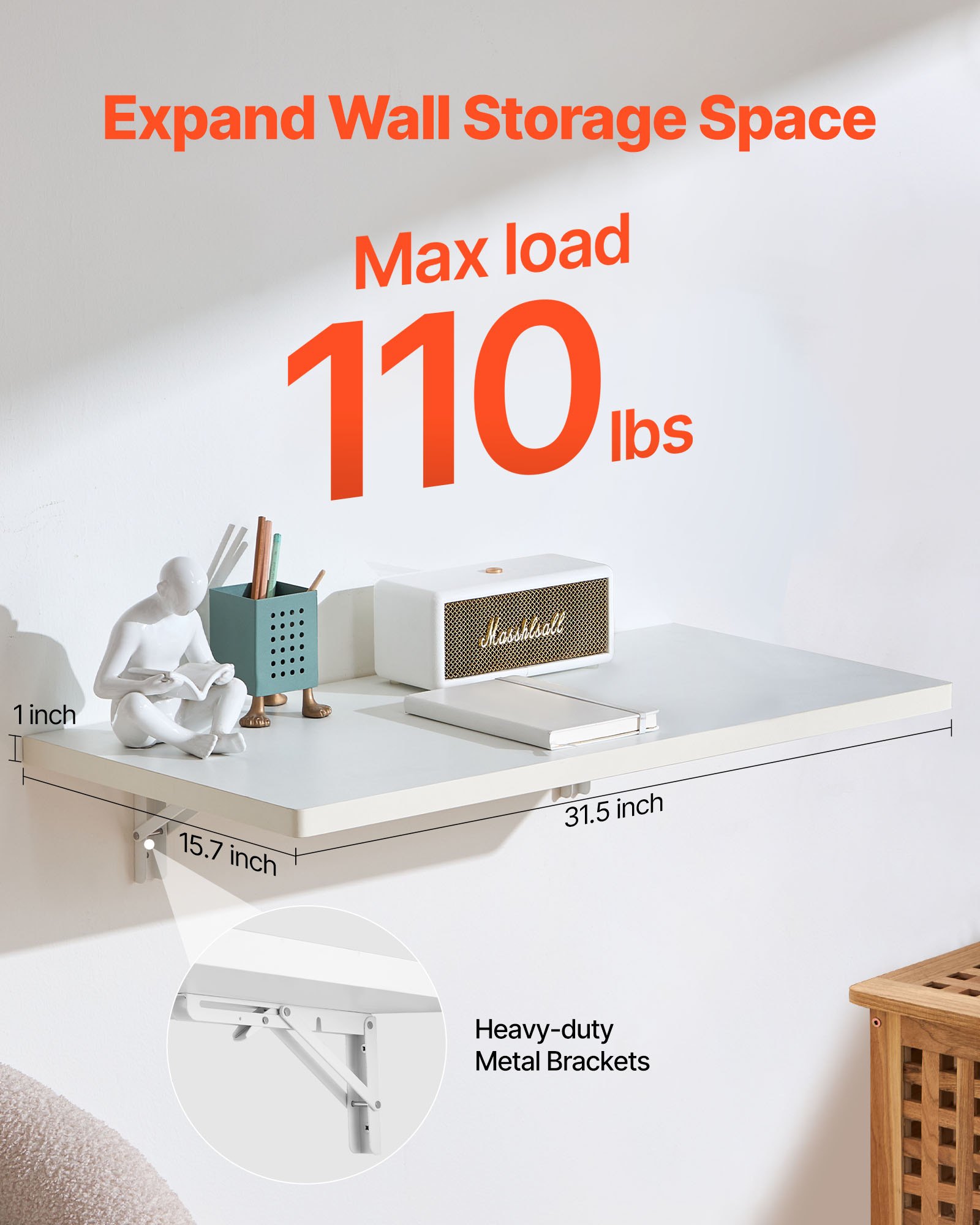 VEVOR Wall Mounted Folding Table, 31.5 x 15.7 inches Wall Mount Table, Floating Desk with Iron Bracket, Fold Down Desk for Small Spaces, Home Office, Dining, Laundry Room, Kitchen, Bar, White