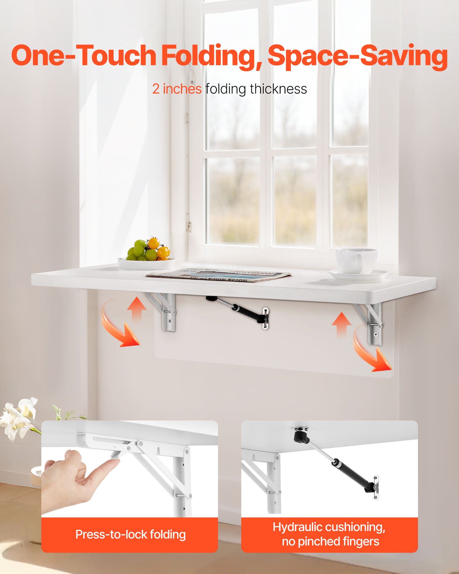 VEVOR Wall Mounted Folding Table, 31.5 x 15.7 inches Wall Mount Table, Floating Desk with Iron Bracket, Fold Down Desk for Small Spaces, Home Office, Dining, Laundry Room, Kitchen, Bar, White