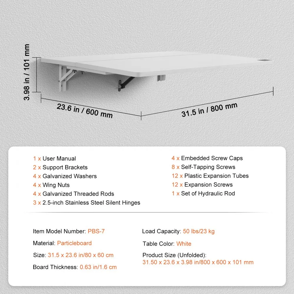 VEVOR Wall Mounted Folding Table, 31.5" x 19.69" Wall Mount Drop Leaf Table, Floating Desk with Iron Bracket, Fold Down Desk for Small Spaces, Home Office, Dining, Laundry Room, Kitchen, Bar, White