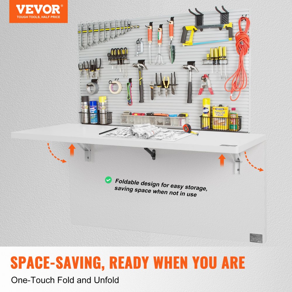 VEVOR Wall Mounted Folding Table, 1000 x 500 mm Wall Mount Drop Leaf Table, Floating Desk with Iron Bracket, Fold Down Desk for Small Spaces, Home Office, Dining, Laundry Room, Kitchen, Bar, White