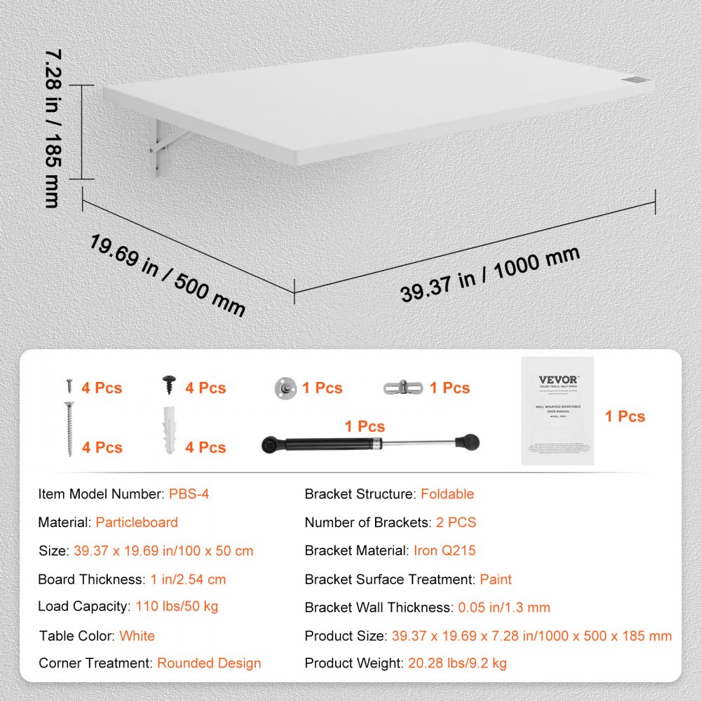 VEVOR Wall Mounted Folding Table, 1000 x 500 mm Wall Mount Drop Leaf Table, Floating Desk with Iron Bracket, Fold Down Desk for Small Spaces, Home Office, Dining, Laundry Room, Kitchen, Bar, White