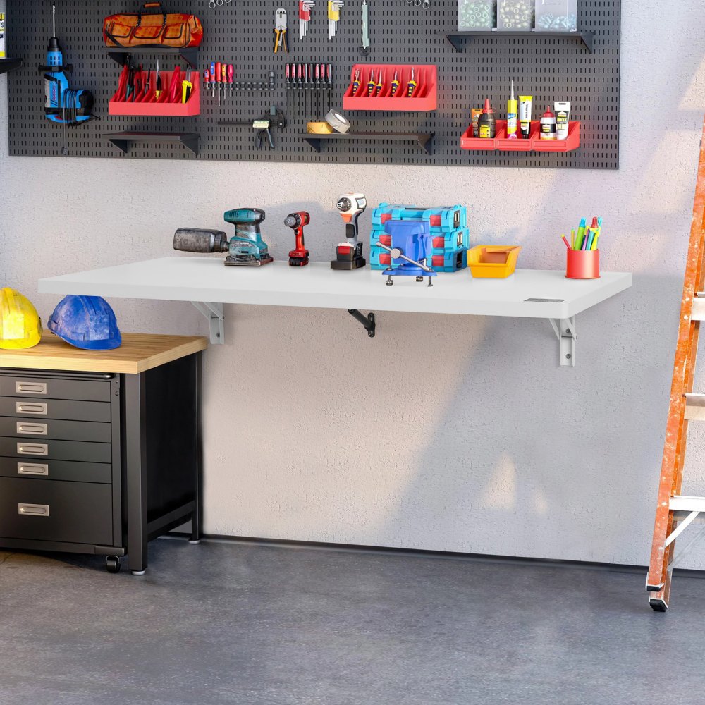 VEVOR Wall Mounted Folding Table, 1000 x 500 mm Wall Mount Drop Leaf Table, Floating Desk with Iron Bracket, Fold Down Desk for Small Spaces, Home Office, Dining, Laundry Room, Kitchen, Bar, White