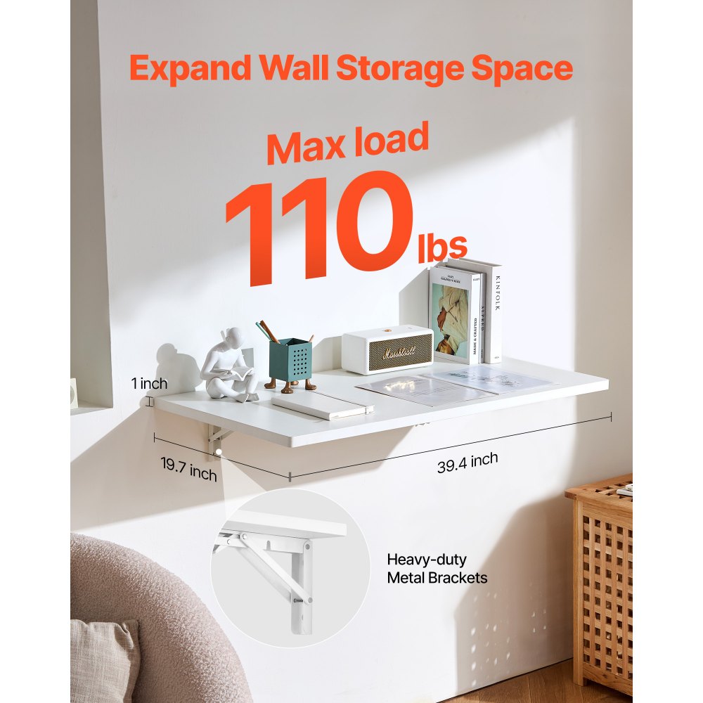 VEVOR Wall Mounted Folding Table, 39.4 x 19.7 inches Wall Mount Table, Floating Desk with Iron Bracket, Fold Down Desk for Small Spaces, Home Office, Dining, Laundry Room, Kitchen, Bar, White