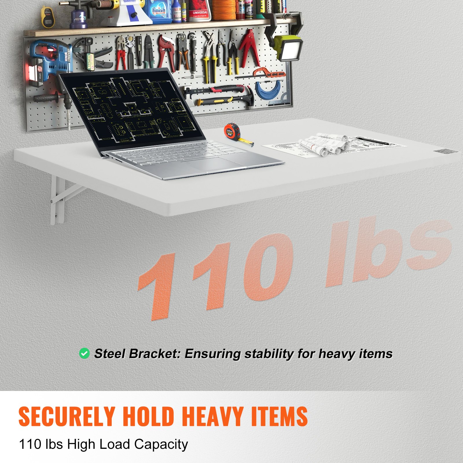 VEVOR Wall Mounted Folding Table, 1000 x 500 mm Wall Mount Drop Leaf Table, Floating Desk with Iron Bracket, Fold Down Desk for Small Spaces, Home Office, Dining, Laundry Room, Kitchen, Bar, White