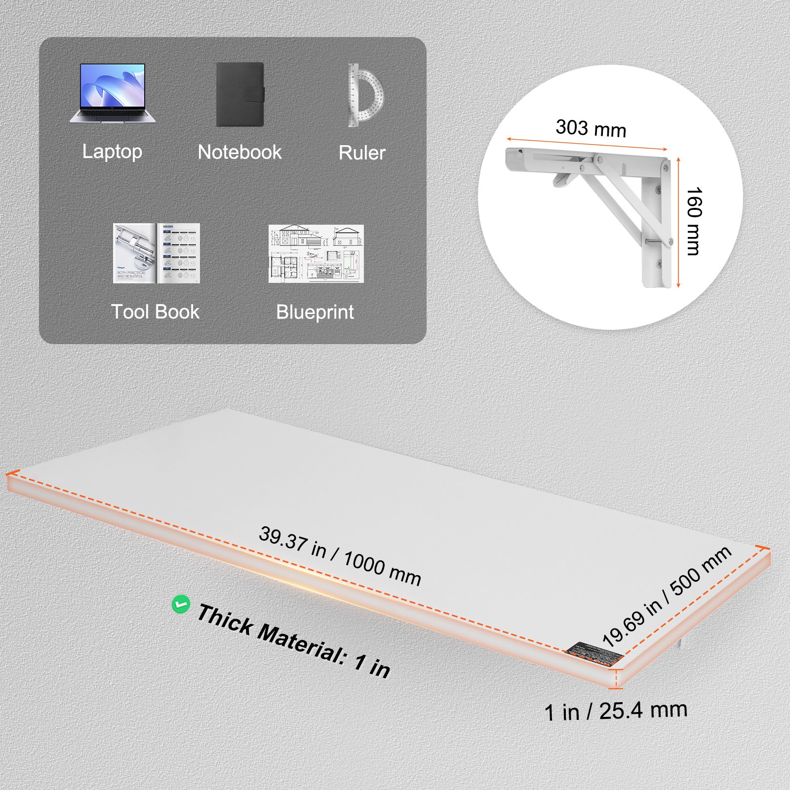 VEVOR Wall Mounted Folding Table, 1000 x 500 mm Wall Mount Drop Leaf Table, Floating Desk with Iron Bracket, Fold Down Desk for Small Spaces, Home Office, Dining, Laundry Room, Kitchen, Bar, White