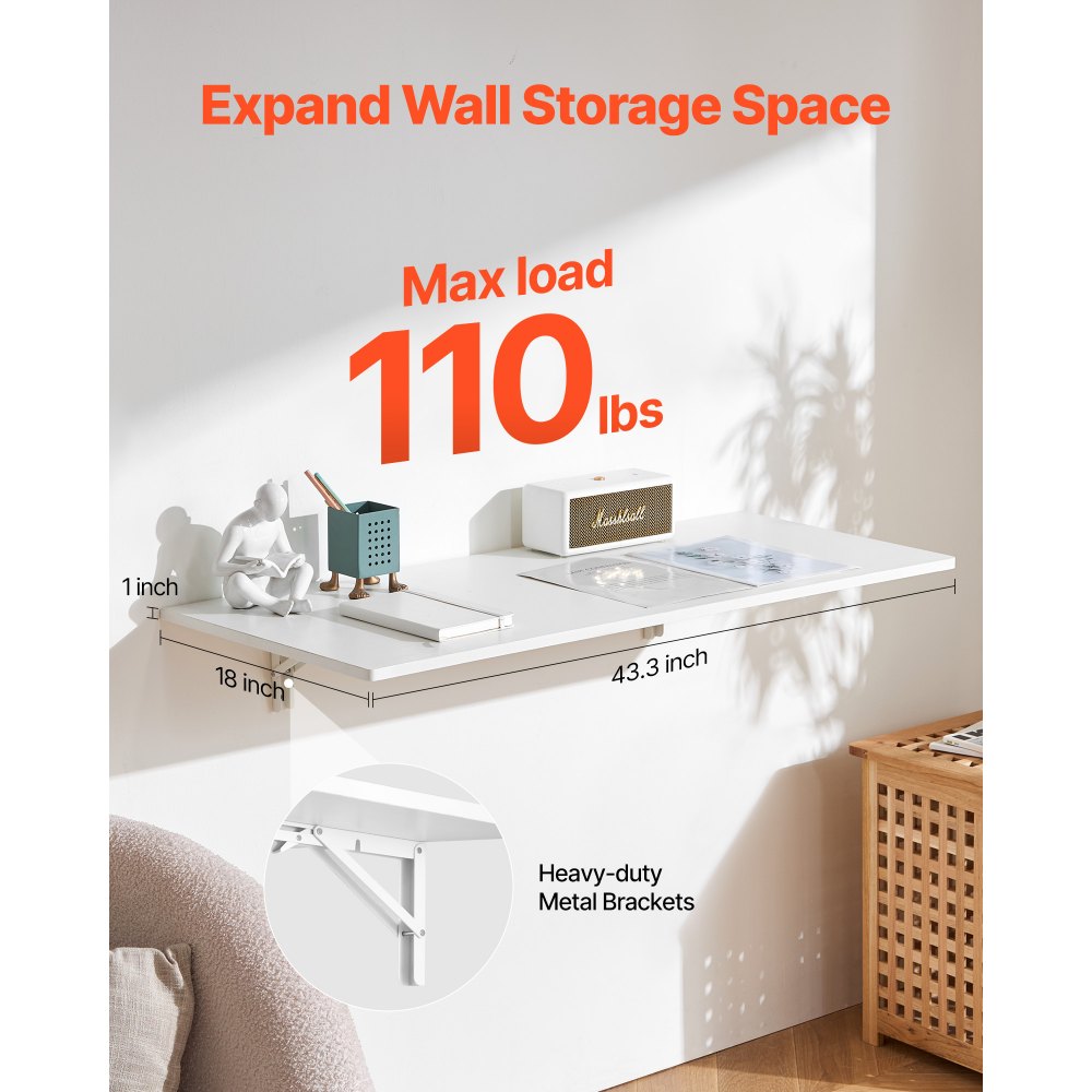 VEVOR Wall Mounted Folding Table, 43.3 x 18 inches Wall Mount Table, Floating Desk with Iron Bracket, Fold Down Desk for Small Spaces, Home Office, Dining, Laundry Room, Kitchen, Bar, White