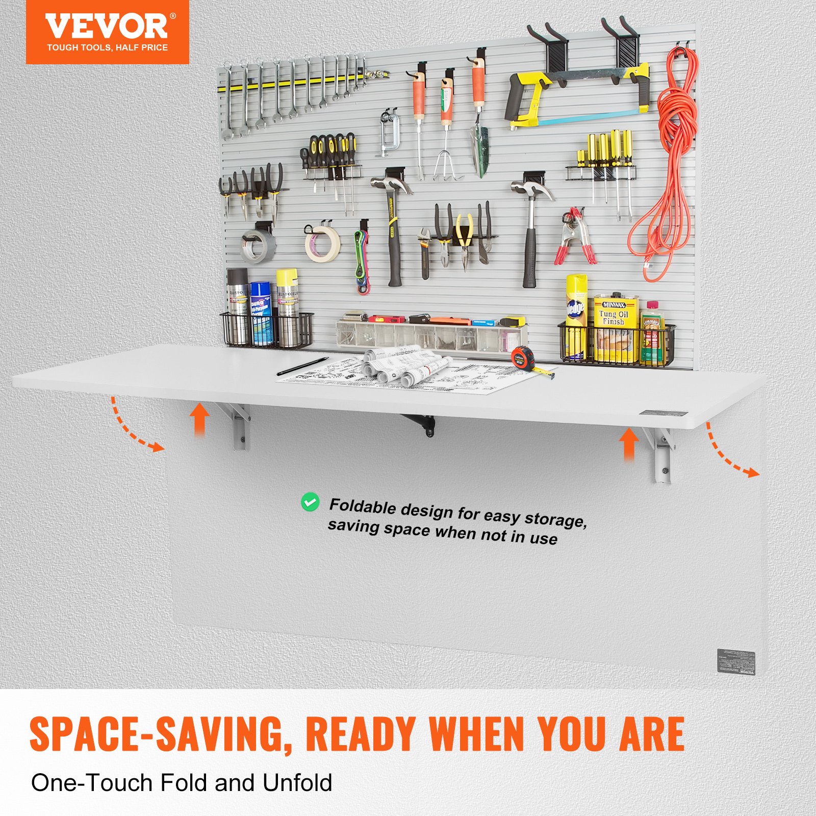 VEVOR Wall Mounted Folding Table, 1100 x 460 mm Wall Mount Drop Leaf Table, Floating Desk with Iron Bracket, Fold Down Desk for Small Spaces, Home Office, Dining, Laundry Room, Kitchen, Bar, White