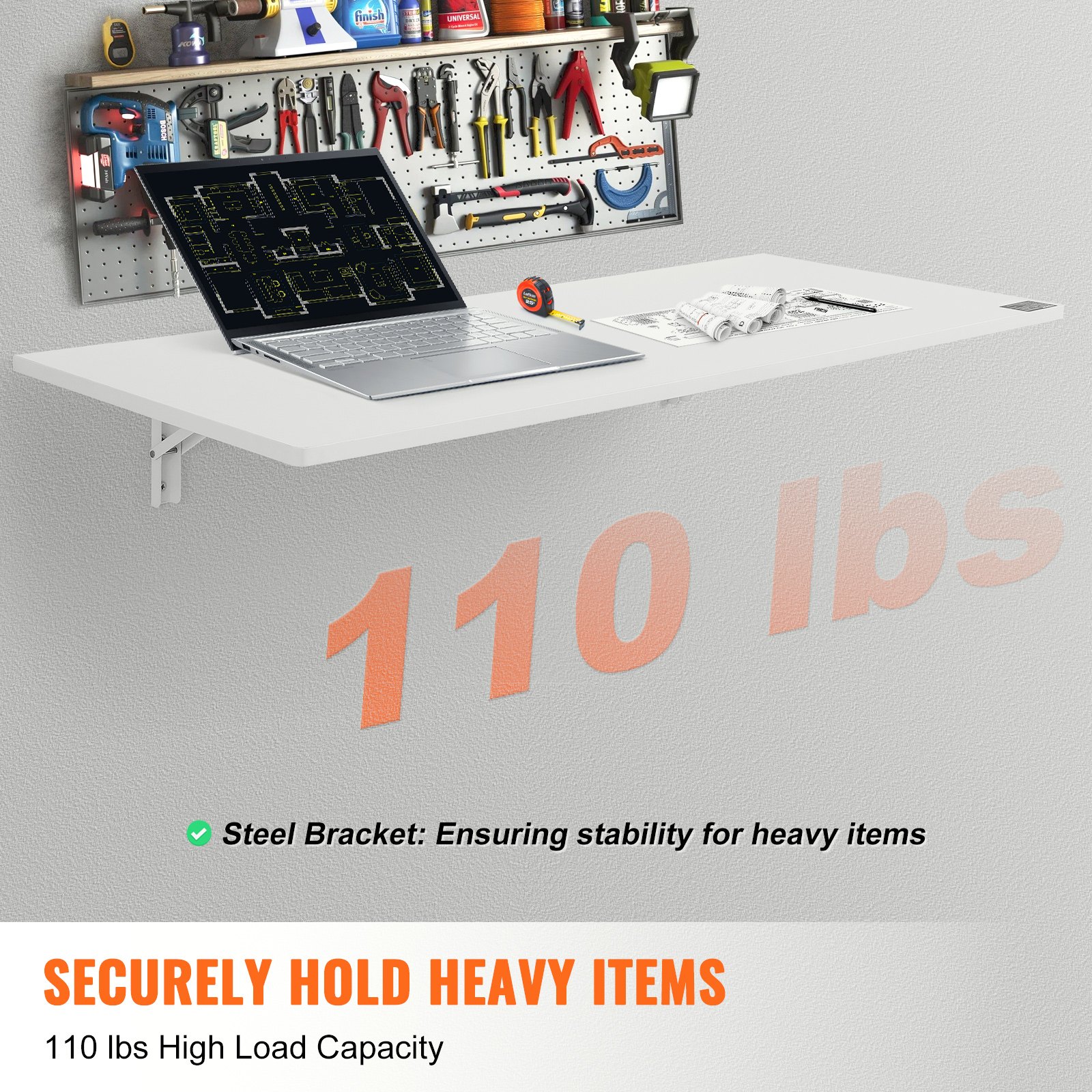 VEVOR Wall Mounted Folding Table, 1100 x 460 mm Wall Mount Drop Leaf Table, Floating Desk with Iron Bracket, Fold Down Desk for Small Spaces, Home Office, Dining, Laundry Room, Kitchen, Bar, White