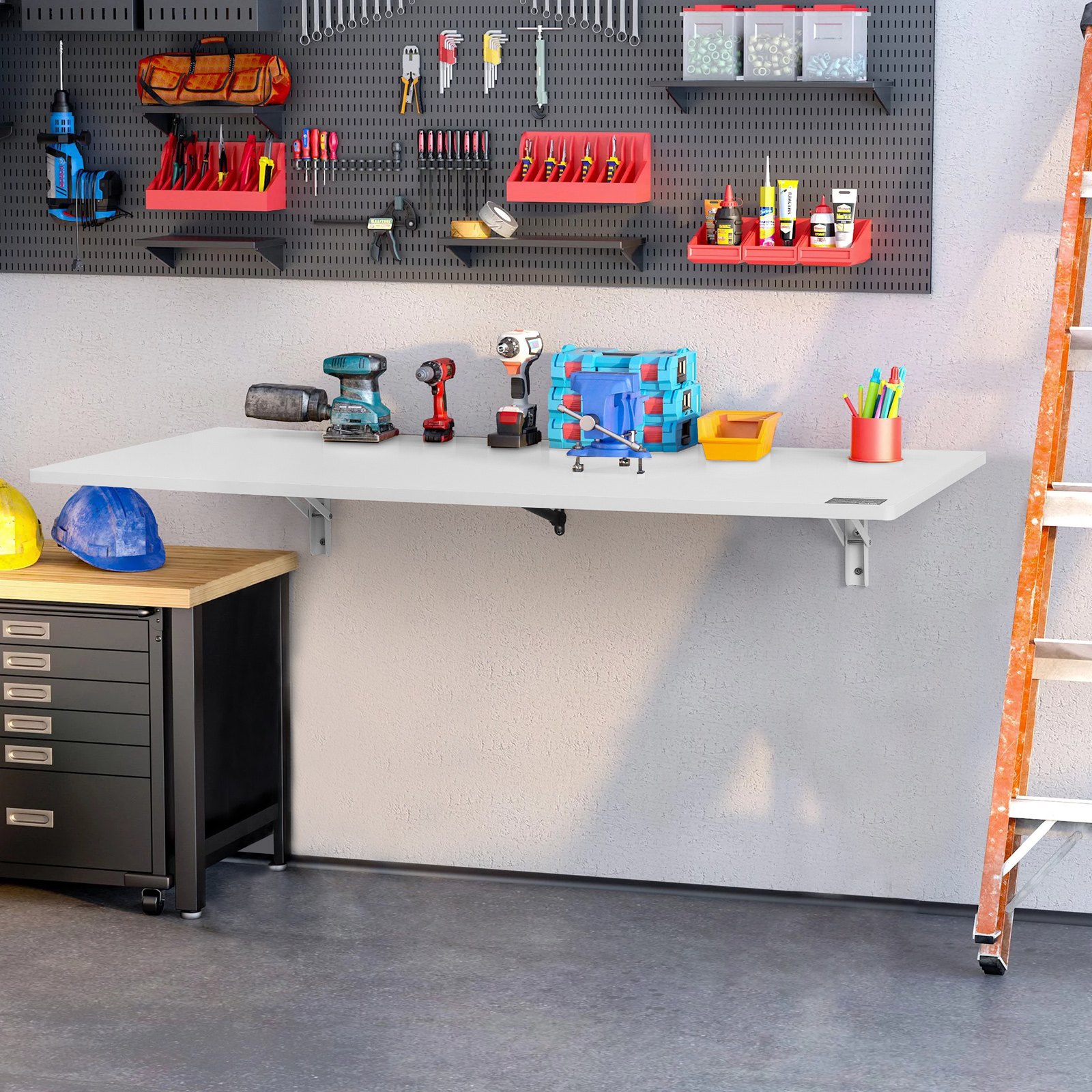 VEVOR Wall Mounted Folding Table, 1100 x 460 mm Wall Mount Drop Leaf Table, Floating Desk with Iron Bracket, Fold Down Desk for Small Spaces, Home Office, Dining, Laundry Room, Kitchen, Bar, White