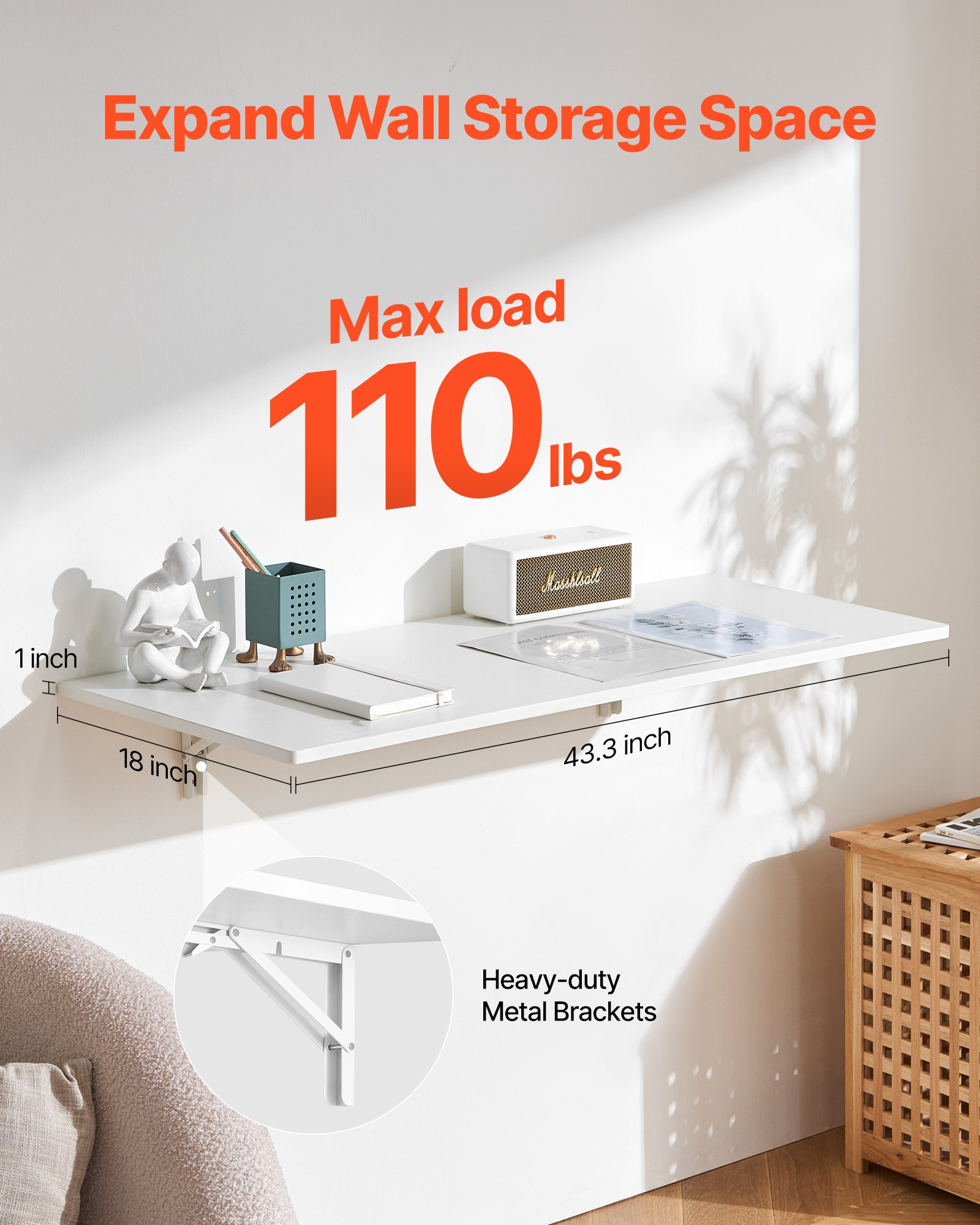 VEVOR Wall Mounted Folding Table, 43.3 x 18 inches Wall Mount Table, Floating Desk with Iron Bracket, Fold Down Desk for Small Spaces, Home Office, Dining, Laundry Room, Kitchen, Bar, White