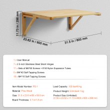 VEVOR Wall Mounted Folding Table, 800 x 600 mm Wall Mount Drop Leaf Table, Wooden Floating Desk with Iron Bracket, Fold Down Desk for Small Spaces, Home Office, Dining, Laundry Room, Kitchen, Bar