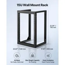 VEVOR 15U Wall Mount Server Rack, 150 lbs Max Load Capacity, Open Frame Network Rack with 180 Degrees Gate Swing, Carbon Steel, for 19-Inch IT Network Equipment & AV Devices Computer Server, Black