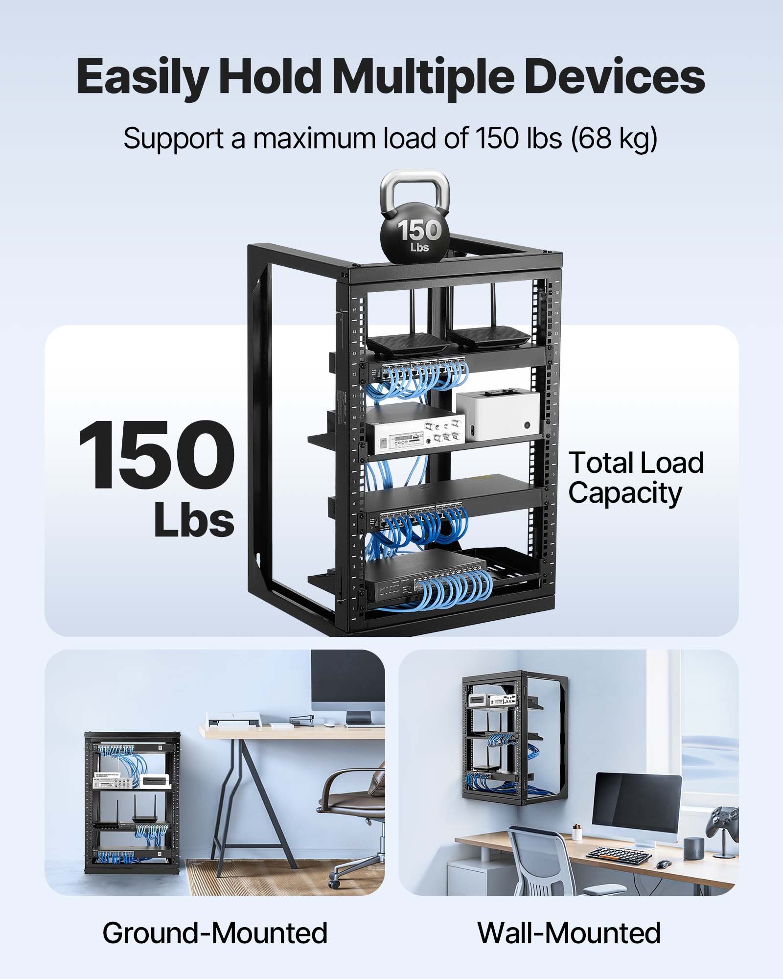 VEVOR 15U Wall Mount Server Rack, 68.04 kg Max Load Capacity, Open Frame Network Rack with 180 Degrees Gate Swing Door, Carbon Steel, Ideal for IT Network Equipment & AV Devices Computer Server, Black