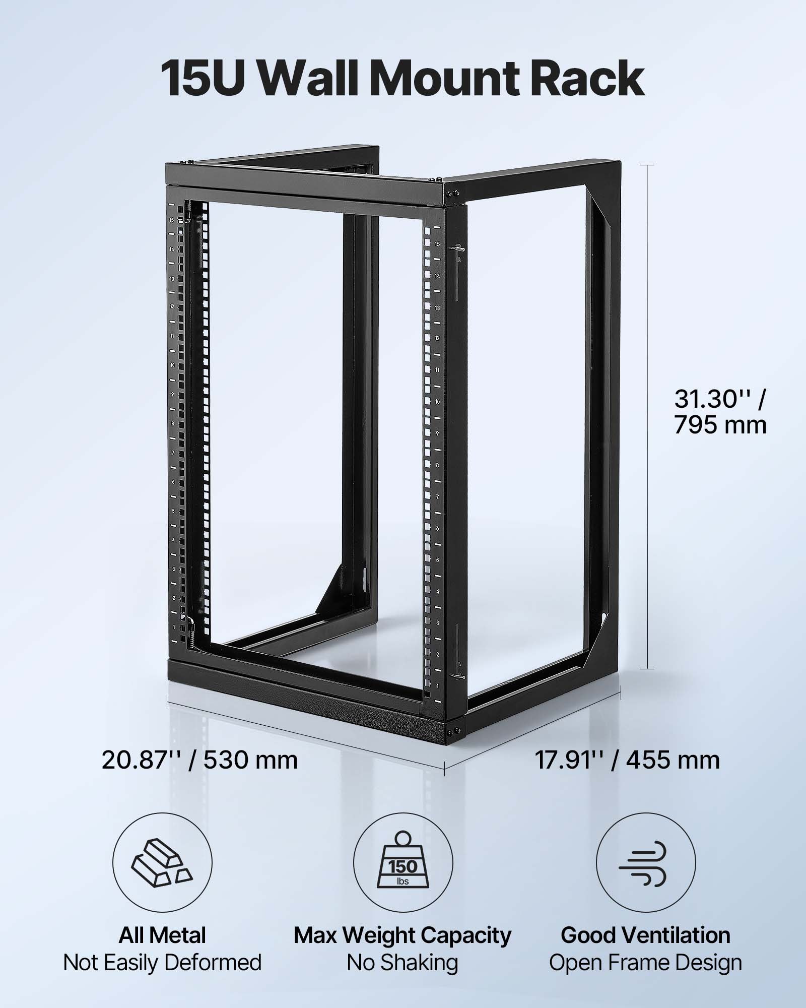 VEVOR 15U Wall Mount Server Rack, 68.04 kg Max Load Capacity, Open Frame Network Rack with 180 Degrees Gate Swing Door, Carbon Steel, Ideal for IT Network Equipment & AV Devices Computer Server, Black