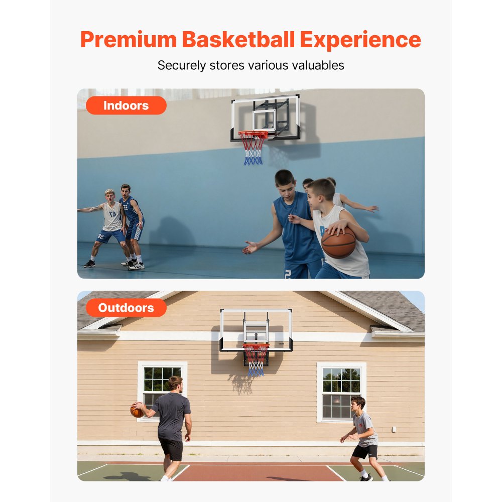 VEVOR Wall Mount Basketball Hoop, 54-inch PC Backboard Mounted Basketball Hoop Outdoor with Hand-Crank Adjustment, 0.11 inch Thickened Backboard, Classic Basketballs Hoops Design, Indoor & Outdoor Use