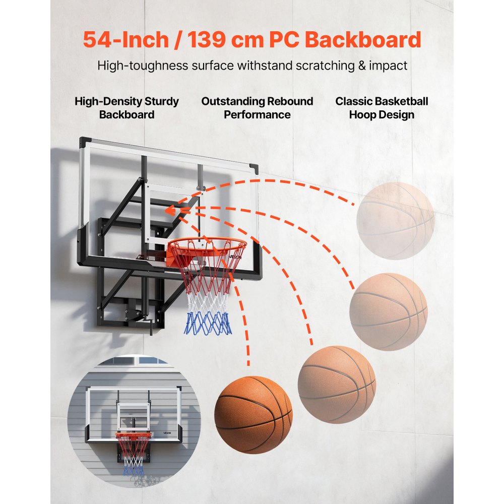 VEVOR Wall Mount Basketball Hoop, 54-inch PC Backboard Mounted Basketball Hoop Outdoor with Hand-Crank Adjustment, 0.11 inch Thickened Backboard, Classic Basketballs Hoops Design, Indoor & Outdoor Use