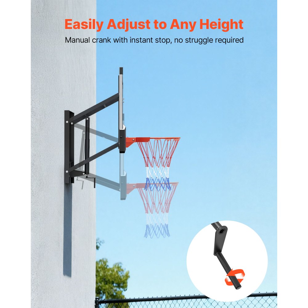 VEVOR Wall Mount Basketball Hoop, 54-inch PC Backboard Mounted Basketball Hoop Outdoor with Hand-Crank Adjustment, 0.11 inch Thickened Backboard, Classic Basketballs Hoops Design, Indoor & Outdoor Use