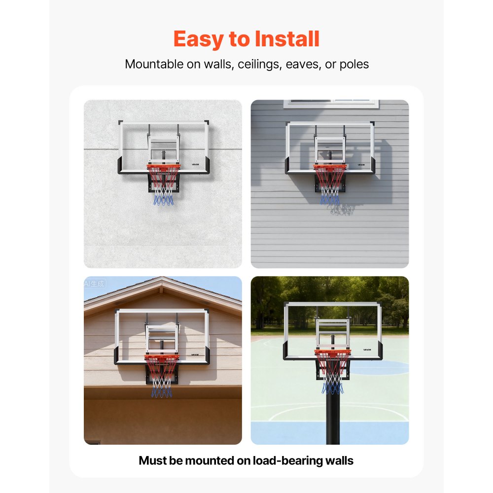 VEVOR Wall Mount Basketball Hoop, 54-inch PC Backboard Mounted Basketball Hoop Outdoor with Hand-Crank Adjustment, 0.11 inch Thickened Backboard, Classic Basketballs Hoops Design, Indoor & Outdoor Use