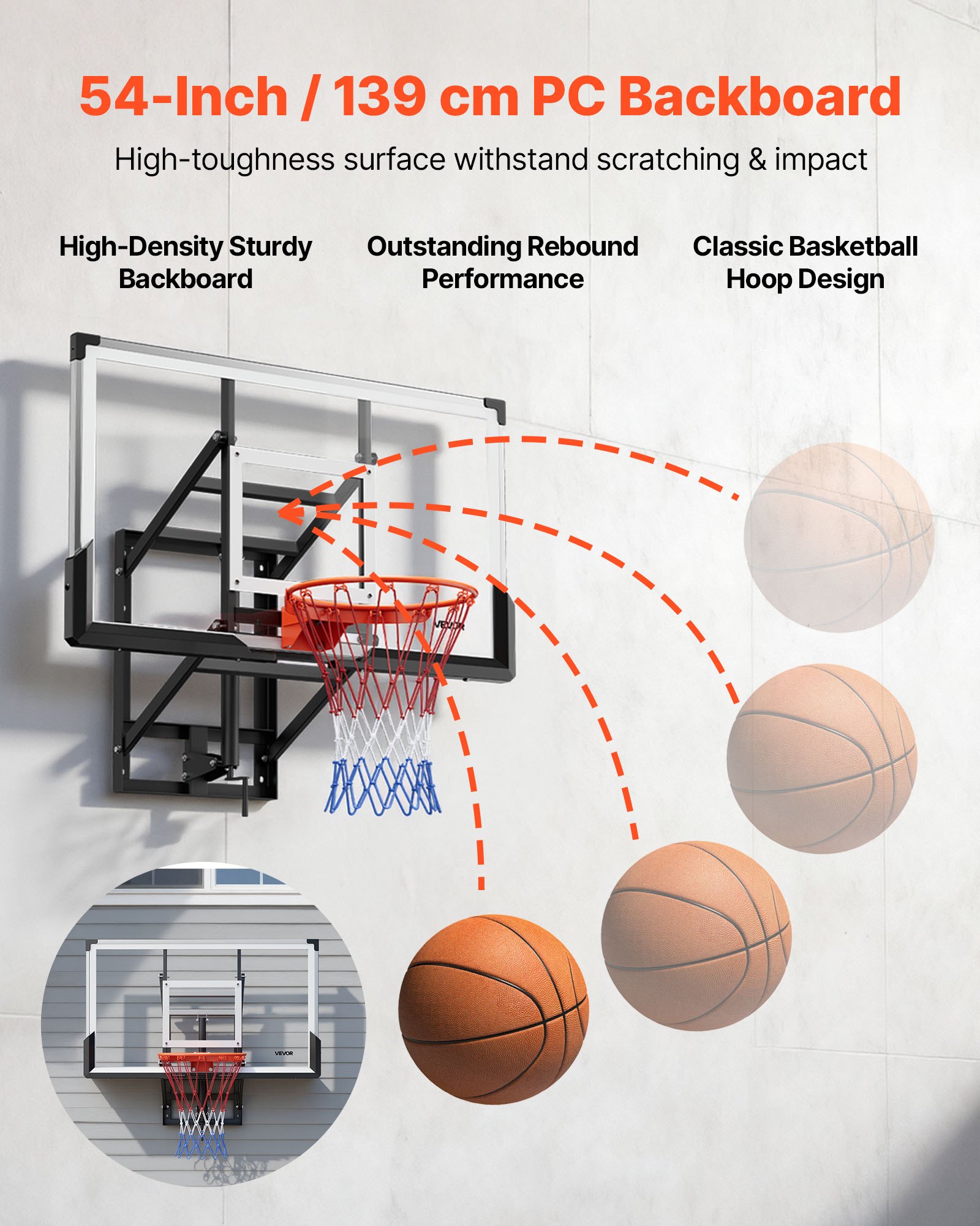 VEVOR Wall Mount Basketball Hoop, 54-inch PC Backboard Mounted Basketball Hoop Outdoor with Hand-Crank Adjustment, 0.11 inch Thickened Backboard, Classic Basketballs Hoops Design, Indoor & Outdoor Use