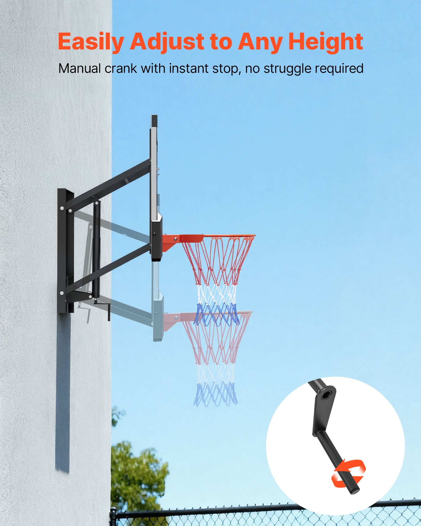 VEVOR Wall Mount Basketball Hoop, 54-inch PC Backboard Mounted Basketball Hoop Outdoor with Hand-Crank Adjustment, 0.11 inch Thickened Backboard, Classic Basketballs Hoops Design, Indoor & Outdoor Use