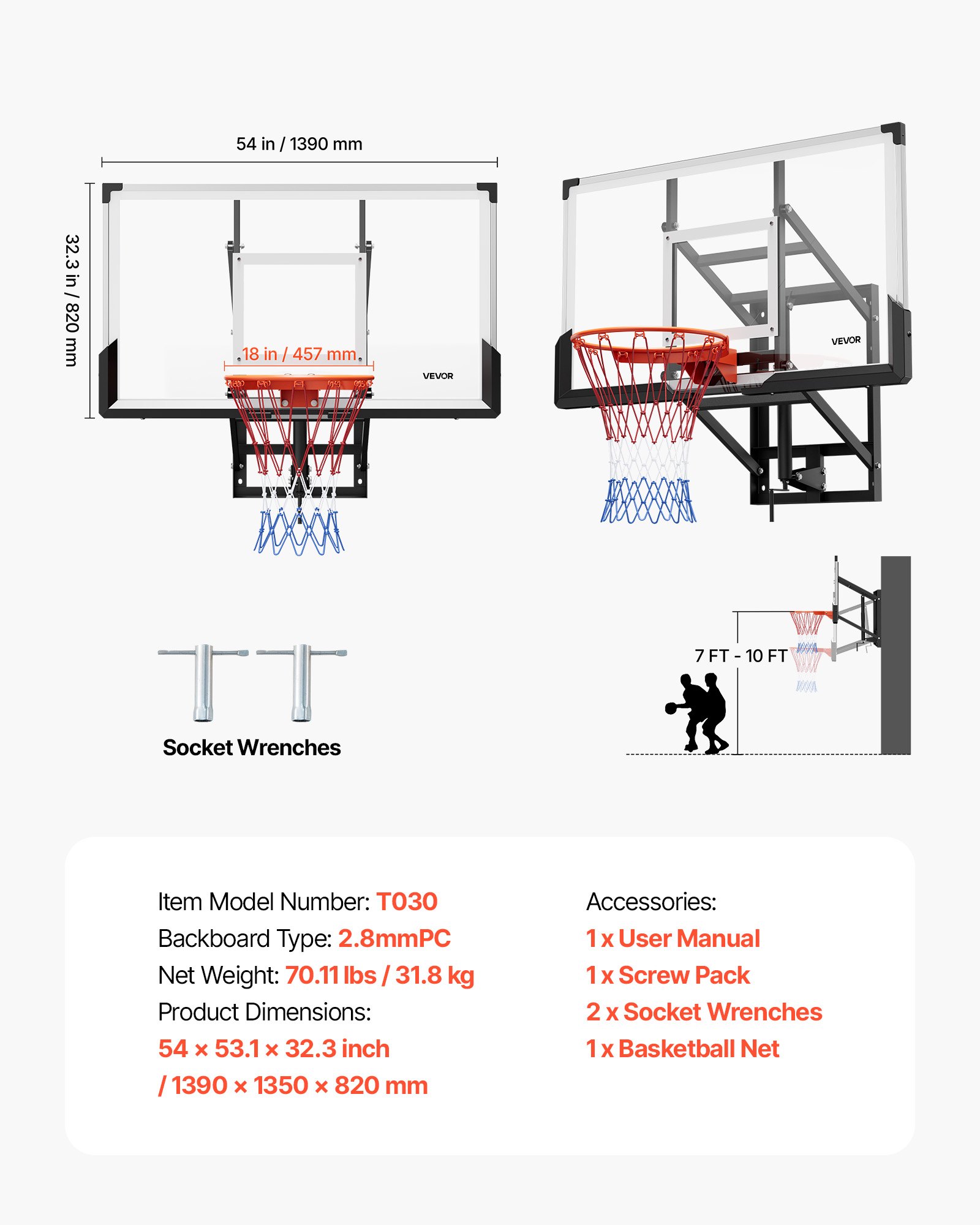 VEVOR Wall Mount Basketball Hoop, 54-inch PC Backboard Mounted Basketball Hoop Outdoor with Hand-Crank Adjustment, 0.11 inch Thickened Backboard, Classic Basketballs Hoops Design, Indoor & Outdoor Use