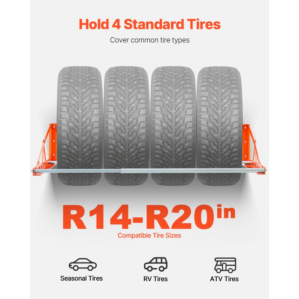 VEVOR Wall Mounted Tire Rack, 31" - 56" Adjustable Tire Rack, Q235 Heavy-Duty Steel Tire Storage Rack for R14-R20 inch Standard Tires, Max 400lbs Load Capacity, Ideal for Garage Workshop Repair Shop