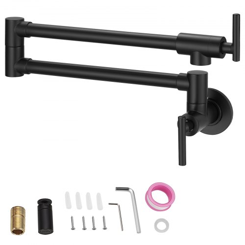 VEVOR Grifo para llenado de ollas, grifo de cocina de montaje en pared comercial de latón macizo con acabado cepillado dorado, grifo plegable para fregadero de restaurante con brazo oscilante de doble articulación y 2 asas