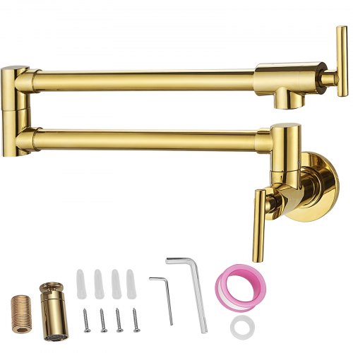 VEVOR Pot Filler Faucet, Solid Brass Commercial Wall Mount Kitchen Stove Faucet with Gold Brushed Finish, Folding Restaurant Sink Faucet with Double Joint Swing Arm & 2 Handles