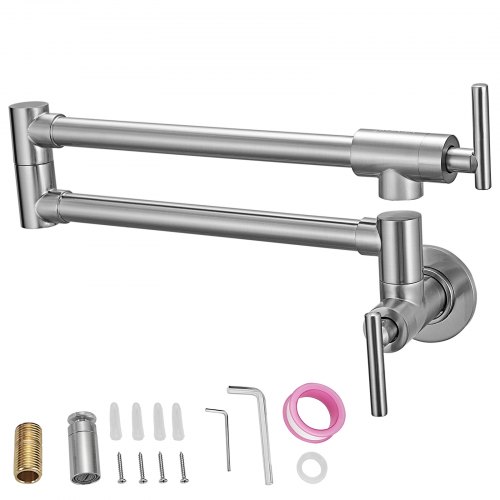 VEVOR Grifo de llenado de ollas, grifo de cocina de montaje en pared comercial de latón macizo con acabado negro mate, grifo plegable para fregadero de restaurante con brazo oscilante de doble articulación y 2 asas de 24,4
