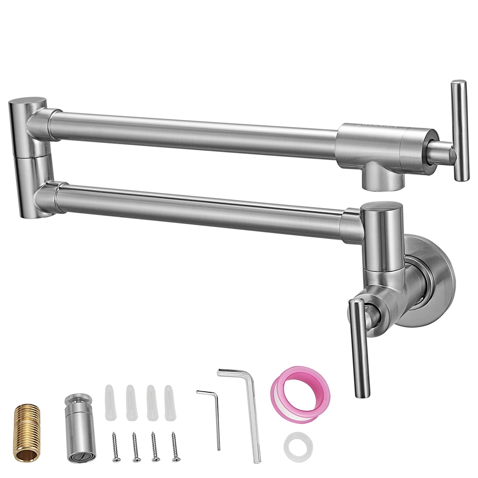VEVOR Pot Filler Faucet, Solid Brass Commercial Wall Mount Kitchen Stove Faucet with Gold Brushed Finish, Folding Restaurant Sink Faucet with Double Joint Swing Arm & 2 Handles