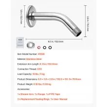 Shower Head Arm with Flange 6 Inches Wall Mounted Stainless Steel Chrome Finish