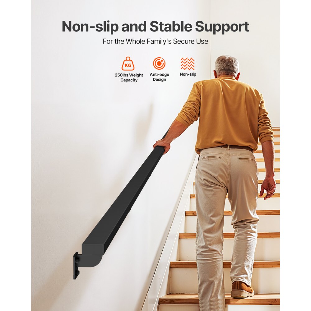 VEVOR Wall Mounted Stair Handrail, 15ft Black Aluminum Staircase Handrail Indoor, 250lbs Load Capacity, Industrial Railing Hand Rail for Steps, Square Tube for Loft Porch Deck, 6 Sections