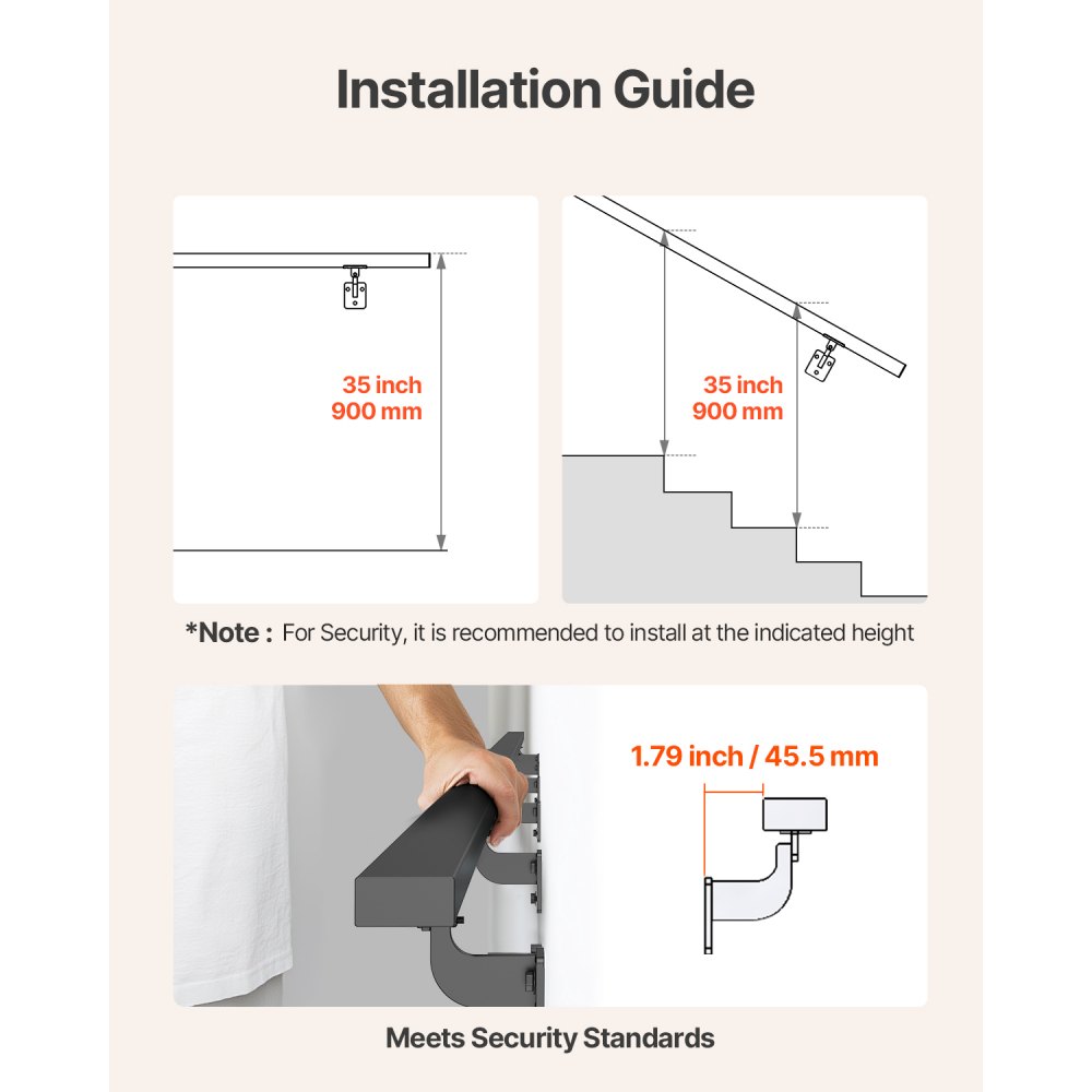 VEVOR Wall Mounted Stair Handrail, 15ft Black Aluminum Staircase Handrail Indoor, 250lbs Load Capacity, Industrial Railing Hand Rail for Steps, Square Tube for Loft Porch Deck, 6 Sections