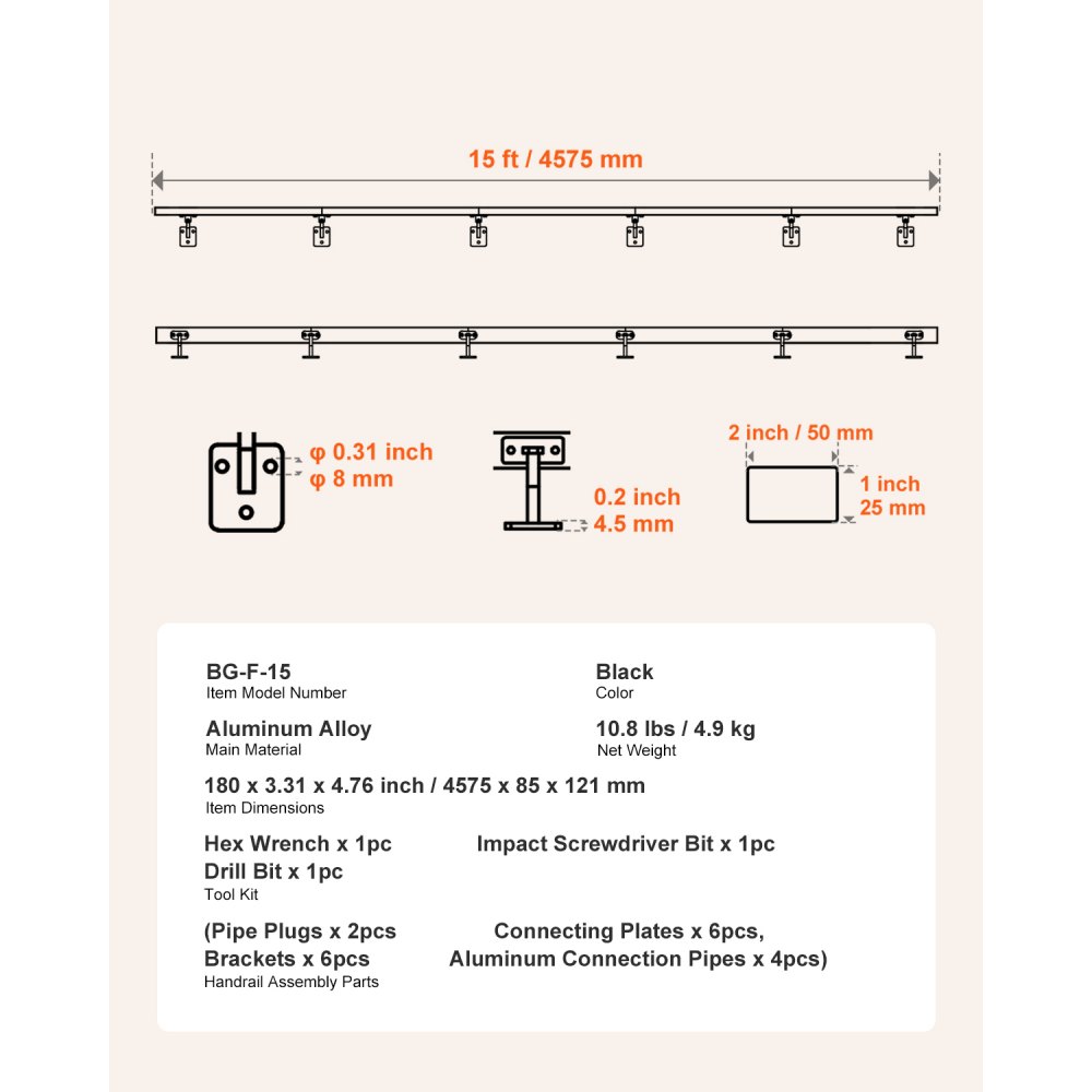 VEVOR Wall Mounted Stair Handrail, 15ft Black Aluminum Staircase Handrail Indoor, 250lbs Load Capacity, Industrial Railing Hand Rail for Steps, Square Tube for Loft Porch Deck, 6 Sections