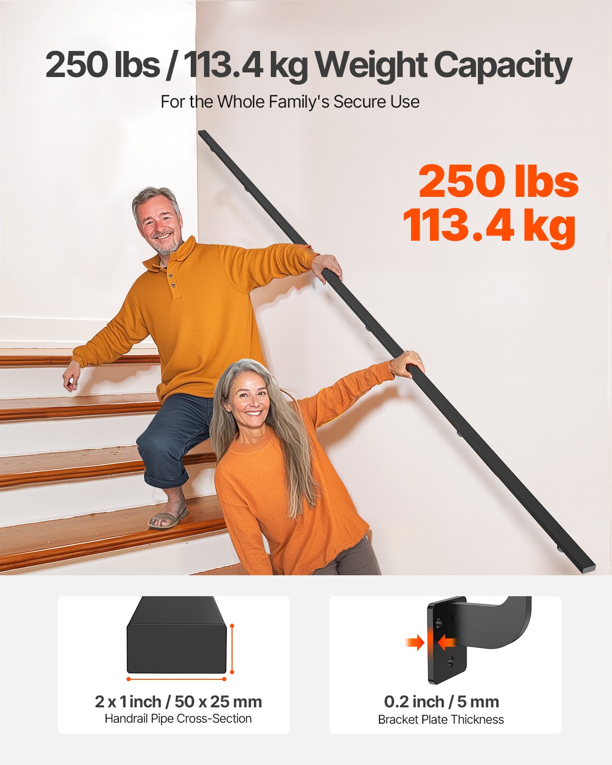 VEVOR Wall Mounted Stair Handrail, 15ft Black Aluminum Staircase Handrail Indoor, 250lbs Load Capacity, Industrial Railing Hand Rail for Steps, Square Tube for Loft Porch Deck, 6 Sections