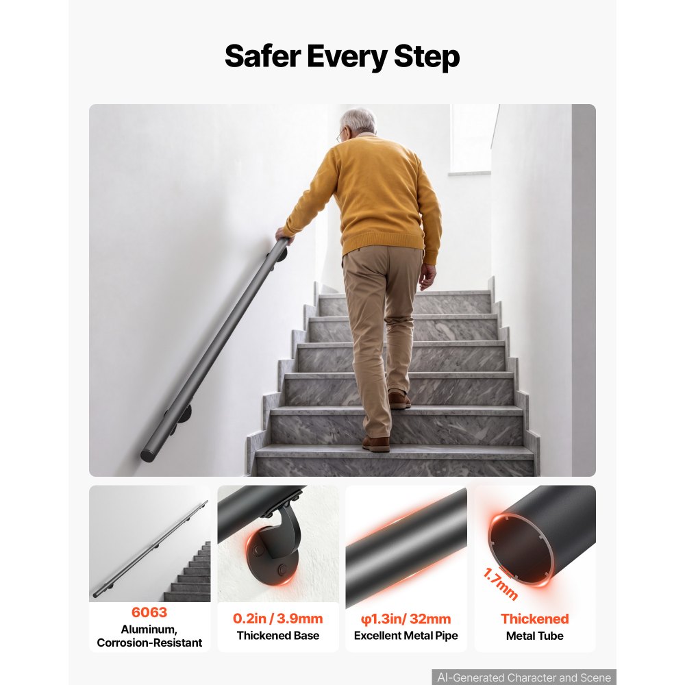 VEVOR Wall-Mounted Stair Handrail, 3048 mm 113.4 kg Black Metal Railing 2 PCS, for Indoor Steps, Loft, Porch & Hallways, Heavy-Duty Industrial Aluminum Alloy Hand Rail, Round Tube, with Mounting Hardware