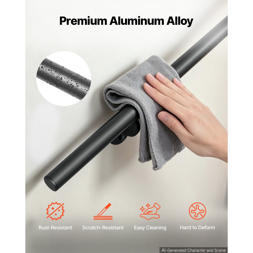 VEVOR Wall-Mounted Stair Handrail, 3048 mm 113.4 kg Black Metal Railing 2 PCS, for Indoor Steps, Loft, Porch & Hallways, Heavy-Duty Industrial Aluminum Alloy Hand Rail, Round Tube, with Mounting Hardware