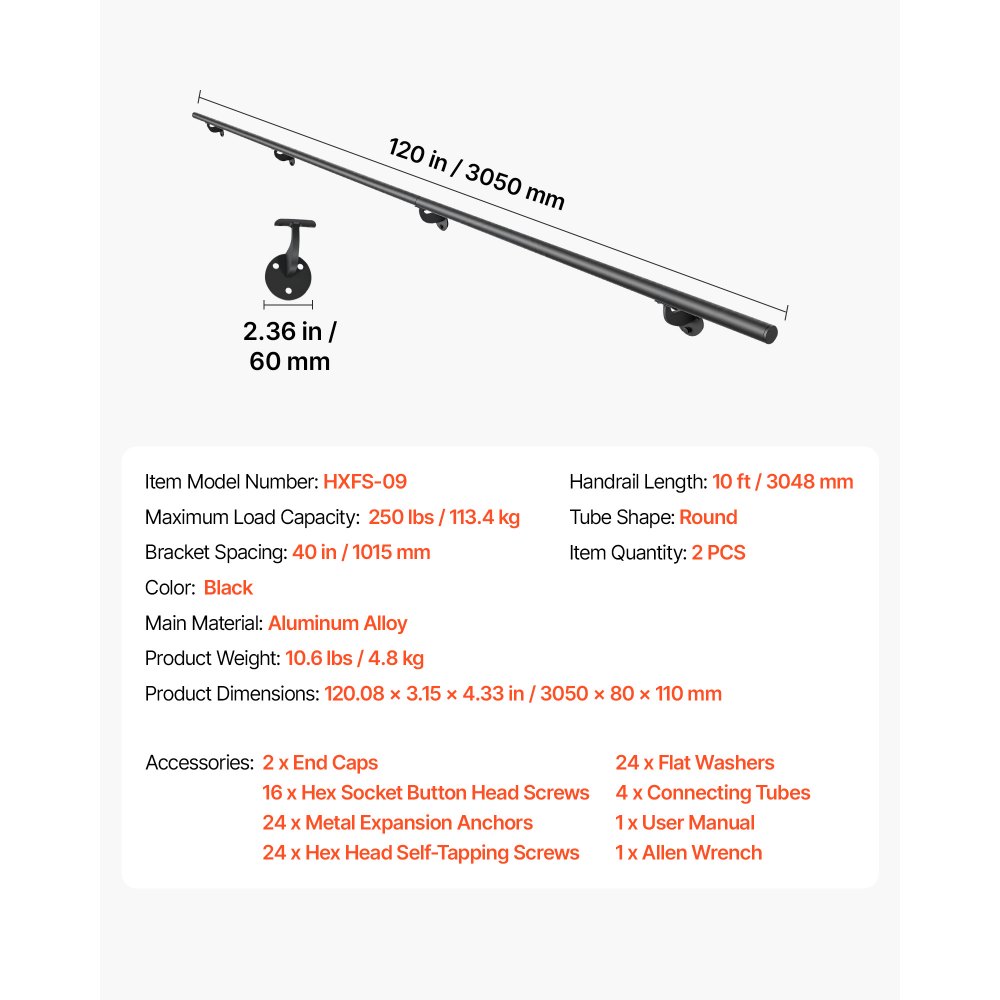 VEVOR Wall-Mounted Stair Handrail, 3048 mm 113.4 kg Black Metal Railing 2 PCS, for Indoor Steps, Loft, Porch & Hallways, Heavy-Duty Industrial Aluminum Alloy Hand Rail, Round Tube, with Mounting Hardware