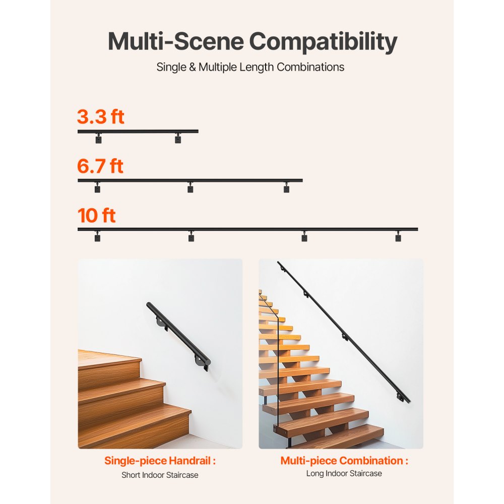 VEVOR Wall Mounted Stair Handrail, 3050mm Pipe Staircase Handrail, Black Galvanized Aluminum, 32mm Pipe Diameter, Indoor&Outdoor Staircase Railing, Industrial Hand Rail for Steps, Security Baluster