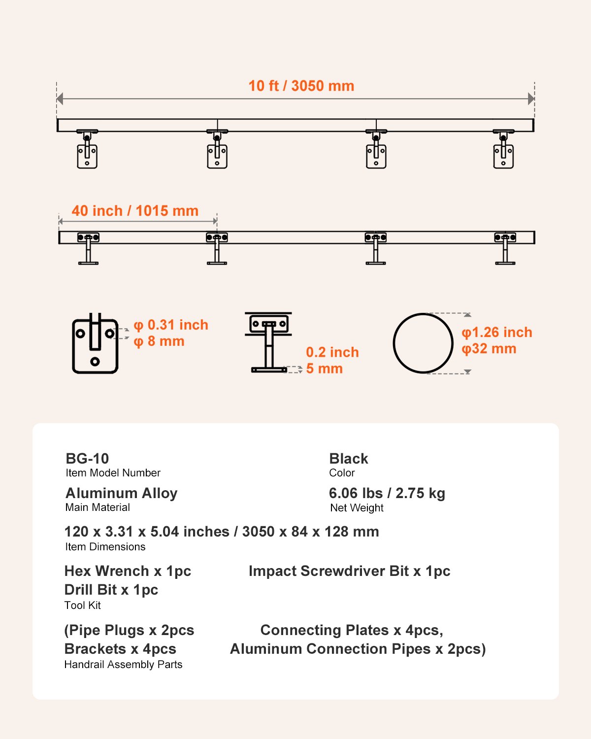 VEVOR Wall Mounted Stair Handrail, 3050mm Pipe Staircase Handrail, Black Galvanized Aluminum, 32mm Pipe Diameter, Indoor&Outdoor Staircase Railing, Industrial Hand Rail for Steps, Security Baluster