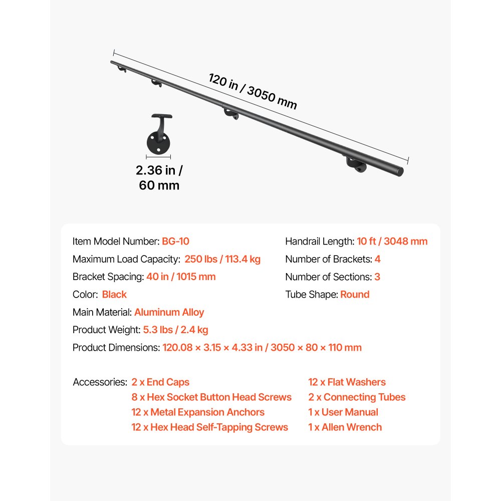 VEVOR Wall-Mounted Stair Handrail, 3048 mm 113.4 kg Black Metal Railing, for Indoor Steps, Loft, Porch & Hallways, Heavy-Duty Industrial Aluminum Alloy Hand Rail, Round Tube, with Mounting Hardware