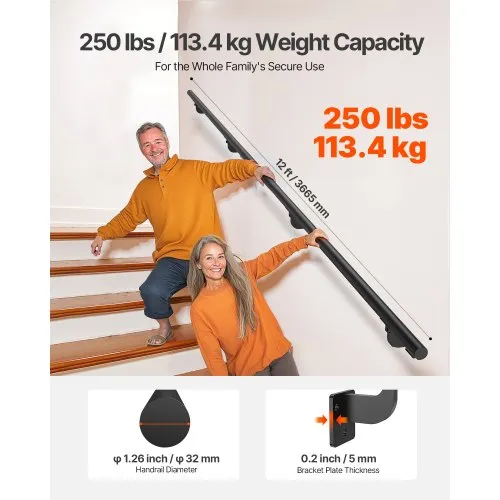 12Ft Industrial Metal Stairs Handrail Kit, Sturdy Wall Mount Aluminum Hand Rail Indoor Outdoor Stair Railing Wood Concrete Brick Wall 1 5 Round Pipe G