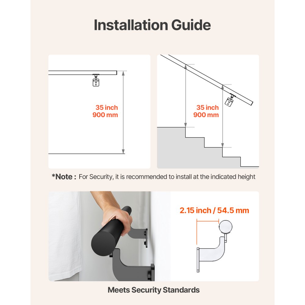 VEVOR Wall Mounted Stair Handrail, 3665mm Pipe Staircase Handrail, Black Galvanized Aluminum, 32mm Pipe Diameter, Indoor&Outdoor Staircase Railing, Industrial Hand Rail for Steps, Security Baluster