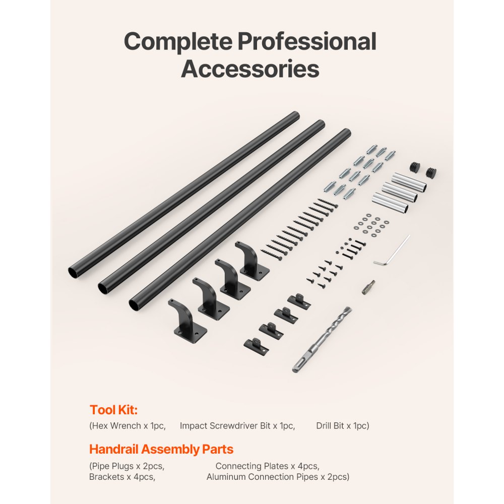 VEVOR Wall Mounted Stair Handrail, 3665mm Pipe Staircase Handrail, Black Galvanized Aluminum, 32mm Pipe Diameter, Indoor&Outdoor Staircase Railing, Industrial Hand Rail for Steps, Security Baluster